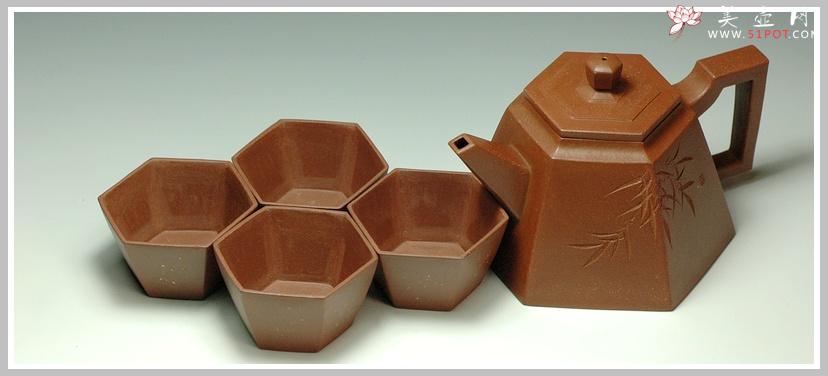 紫砂壶图片：精品六方点砂杯子 一套六六大顺 - 美壶网