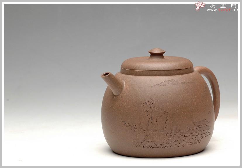 紫砂壶图片：经典 拙味 全手浅刻山水龙蛋 - 美壶网