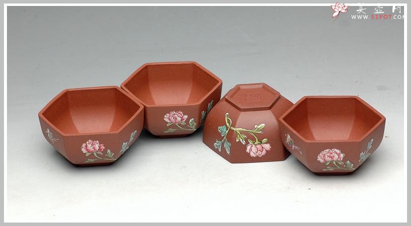 紫砂壶图片：牡丹蝴蝶 点彩 六方品茗杯 - 美壶网