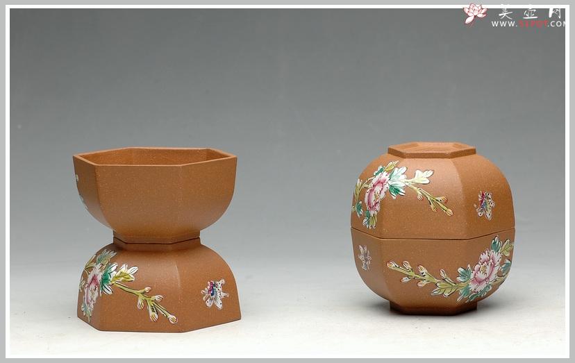 紫砂壶图片：牡丹蝴蝶 点彩 六方品茗杯 - 美壶网