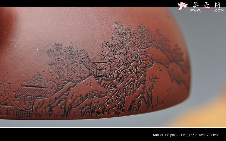 紫砂壶图片：实力体现 全手难度 大半月 通景山水 精品 - 美壶网