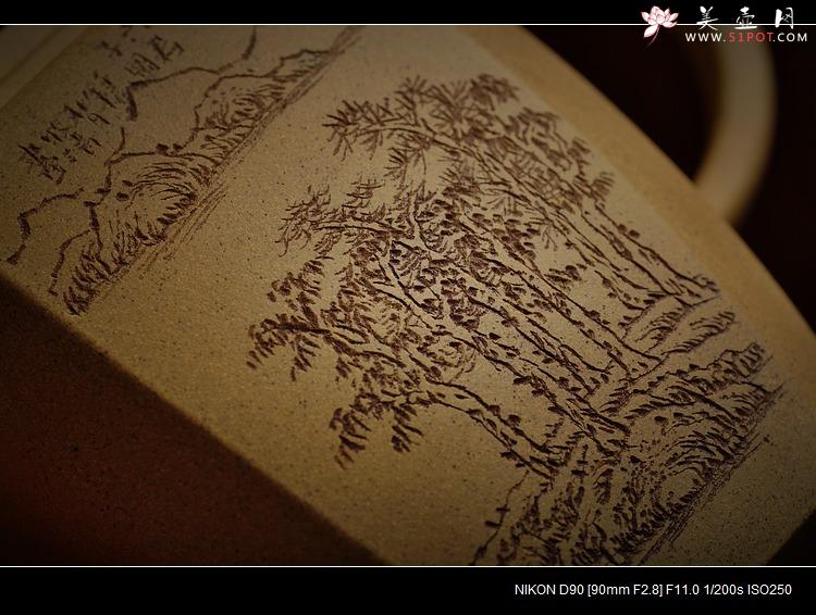 紫砂壶图片：全手镶片 高八方 老味十足 刻绘老辣 - 美壶网