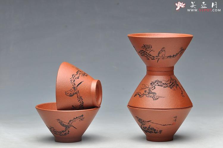 紫砂壶图片：八大风格之 高温小红泥圆亭杯 降坡泥斗笠杯 - 美壶网