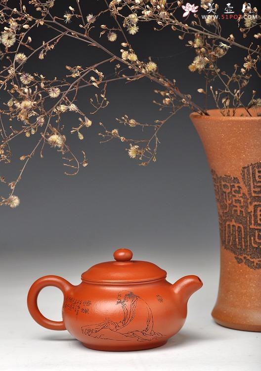 紫砂壶图片：禅意浓浓~ 精品朱泥潘壶 深得范曾人物之神韵~ - 美壶网