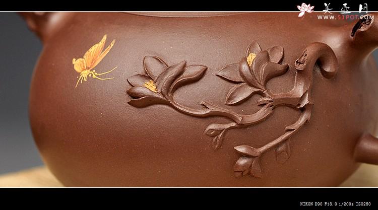 紫砂壶图片：实用花货 泥绘蝴蝶 玉兰相伴 蝶恋花 - 美壶网