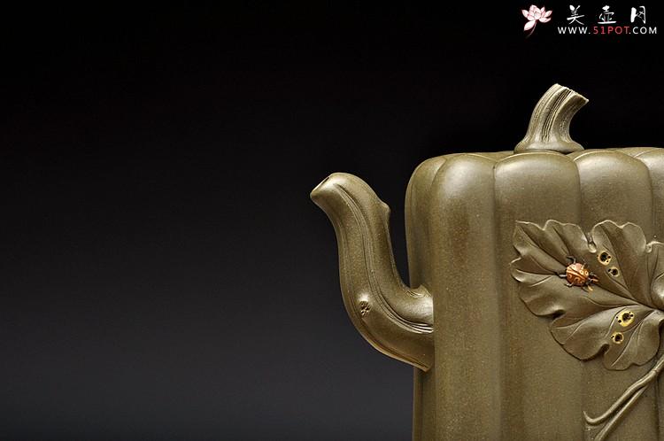 紫砂壶图片：原创作品 绿泥冬瓜 灵巧曼妙 贴叶精湛 孙伟强张新亚合作 - 美壶网