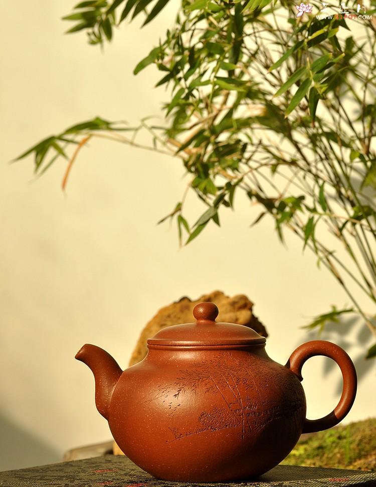 紫砂壶图片：饱满圆润 优质降坡泥 全手灵丰 遥想兰亭下清风满竹林 - 美壶网