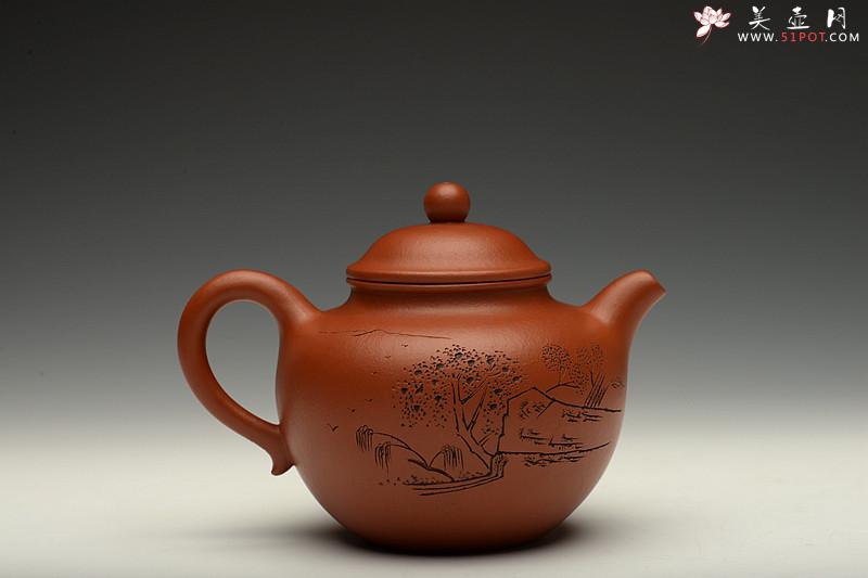 紫砂壶图片：俊秀飘逸 线条优美 摹古朱泥秋水 刀法精炼 - 美壶网