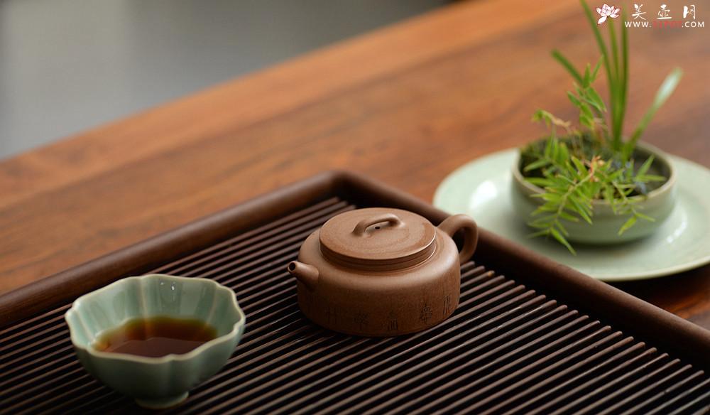 紫砂壶图片：詹黎明全手新品 王俊平装饰 圆润不失刚劲 文气周盘 - 美壶网
