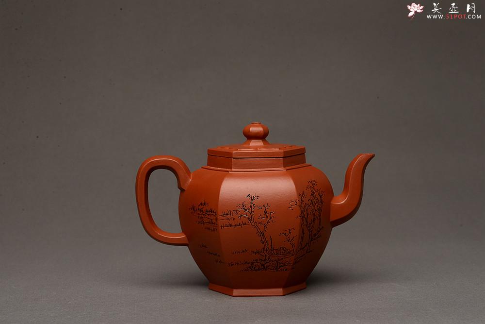 紫砂壶图片：优质朱泥 刻绘老味 全手镶片 六方宫灯 挺拔俊秀  - 美壶网