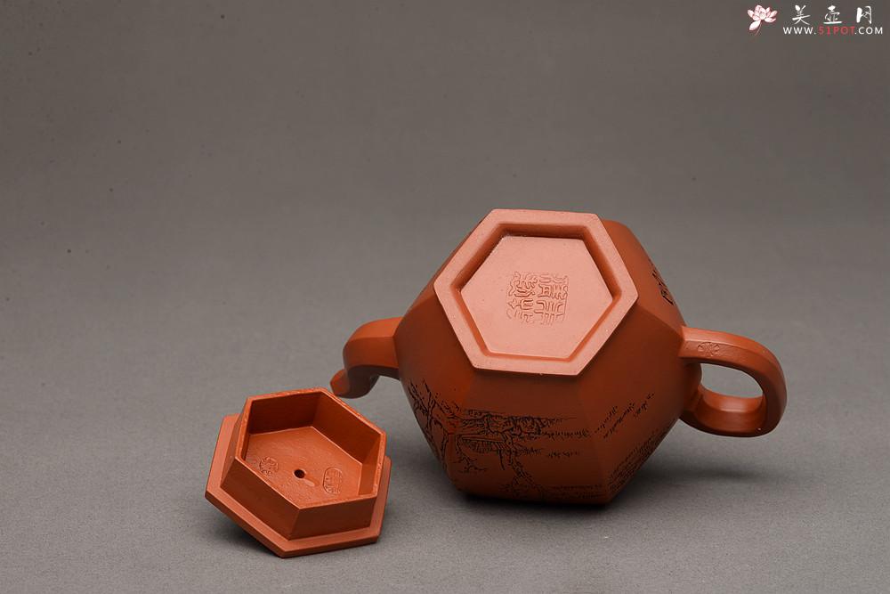 紫砂壶图片：优质朱泥 刻绘老味 全手镶片 六方宫灯 挺拔俊秀  - 美壶网