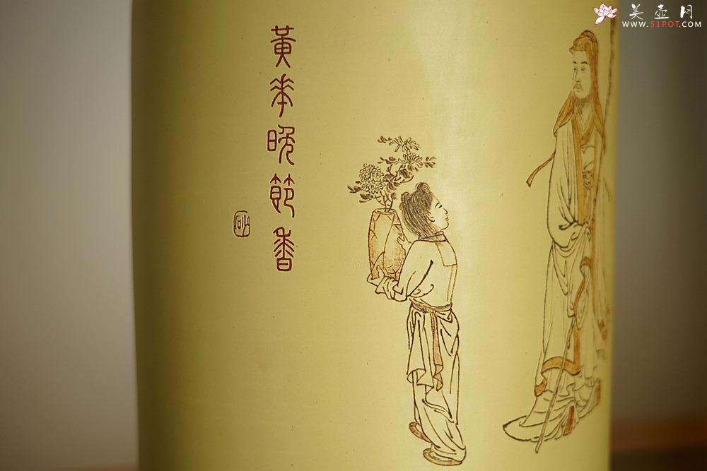 紫砂壶图片：张听刚笔筒 高士赏菊图 以刀代笔 行云流水 老辣精炼 - 美壶网