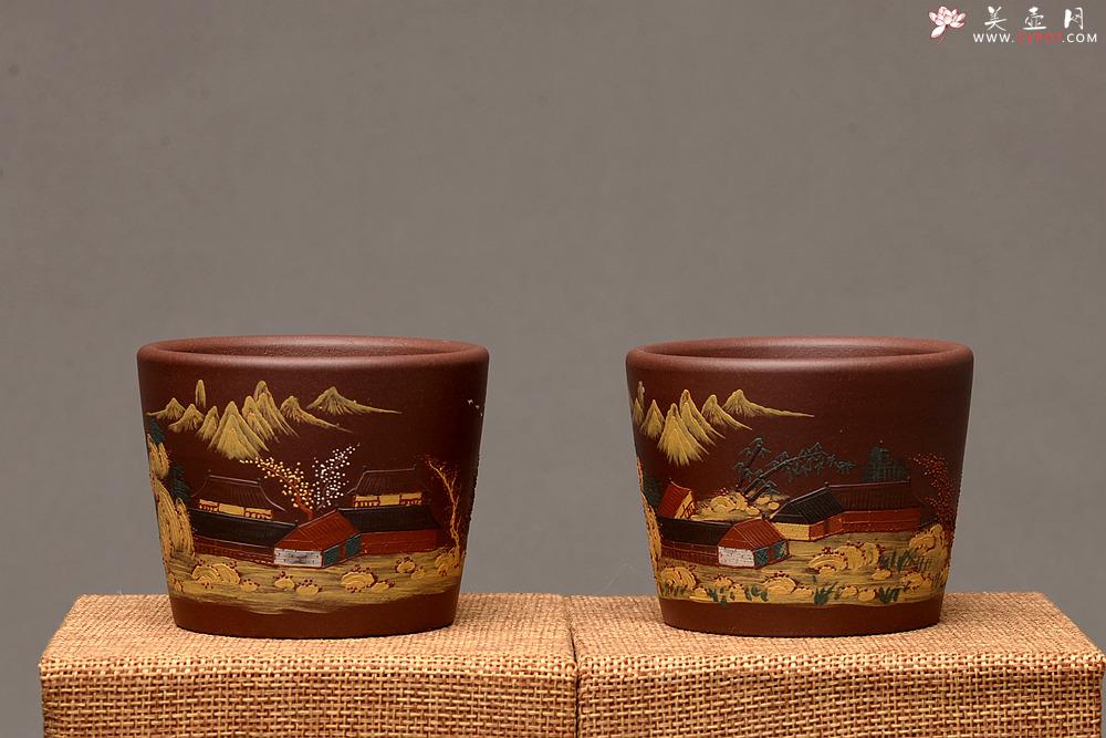 紫砂壶图片：美壶定制 主人杯 泥绘通景山水 古朴雅致 - 美壶网