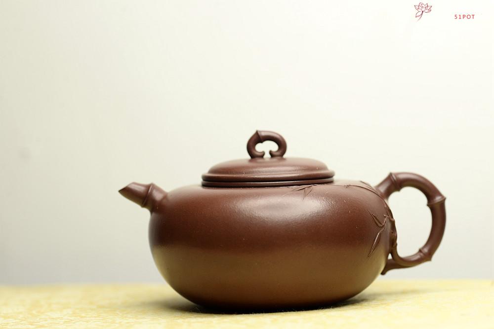 紫砂壶图片：实力派潘丹初丙申夏 优质紫泥  国画入壶 秀雅文气 全手原创福竹o(∩_∩)o - 美壶网