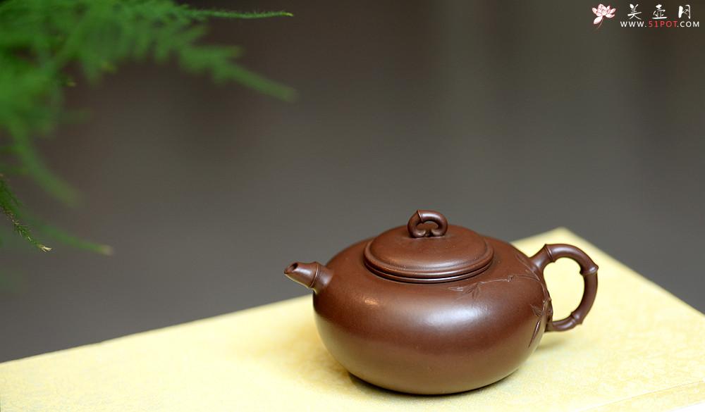 紫砂壶图片：实力派潘丹初丙申夏 优质紫泥  国画入壶 秀雅文气 全手原创福竹o(∩_∩)o - 美壶网