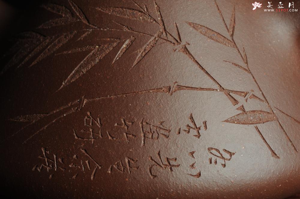 紫砂壶图片：优质紫泥 全手工精品摹古老子冶石瓢 骨肉匀挺 清茗堂助工文气装饰板桥竹 文人风骨尽显 - 美壶网