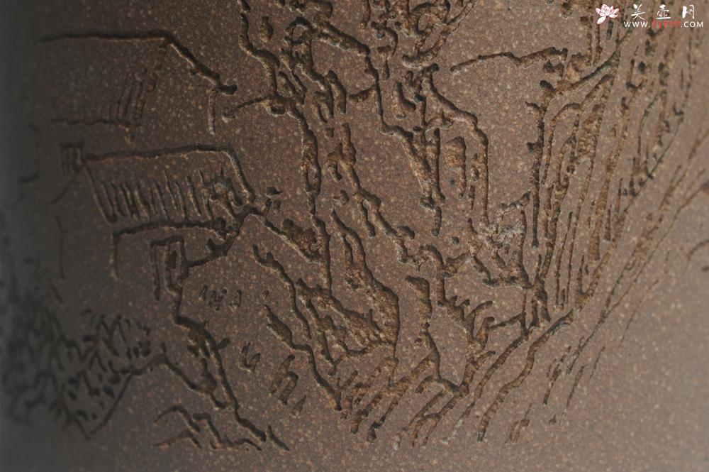 紫砂壶图片：美壶特惠 优质老段文人集狮壶 通景山水 灰常雅致 - 美壶网