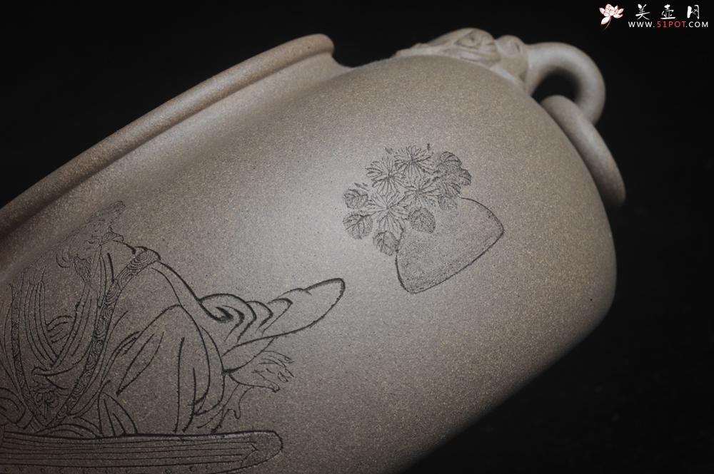 紫砂壶图片：精品特惠 老青段精品瑞兽双耳罐 茶仓 茶叶罐 水洗 烟灰缸 多用 子陶刻抚琴图 琴韵书声 - 美壶网