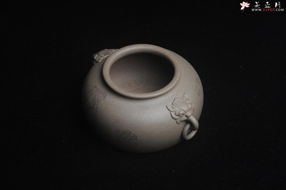 紫砂壶图片：精品特惠 老青段精品瑞兽双耳罐 茶仓 茶叶罐 水洗 烟灰缸 多用 子陶刻抚琴图 琴韵书声 - 美壶网
