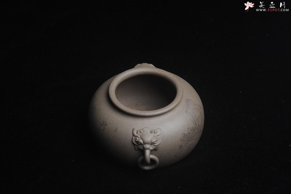 紫砂壶图片：精品特惠 老青段精品瑞兽双耳罐 茶仓 茶叶罐 水洗 烟灰缸 多用 子陶刻抚琴图 琴韵书声 - 美壶网