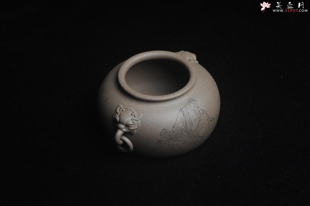 紫砂壶图片：精品特惠 老青段精品瑞兽双耳罐 茶仓 茶叶罐 水洗 烟灰缸 多用 子陶刻抚琴图 琴韵书声 - 美壶网