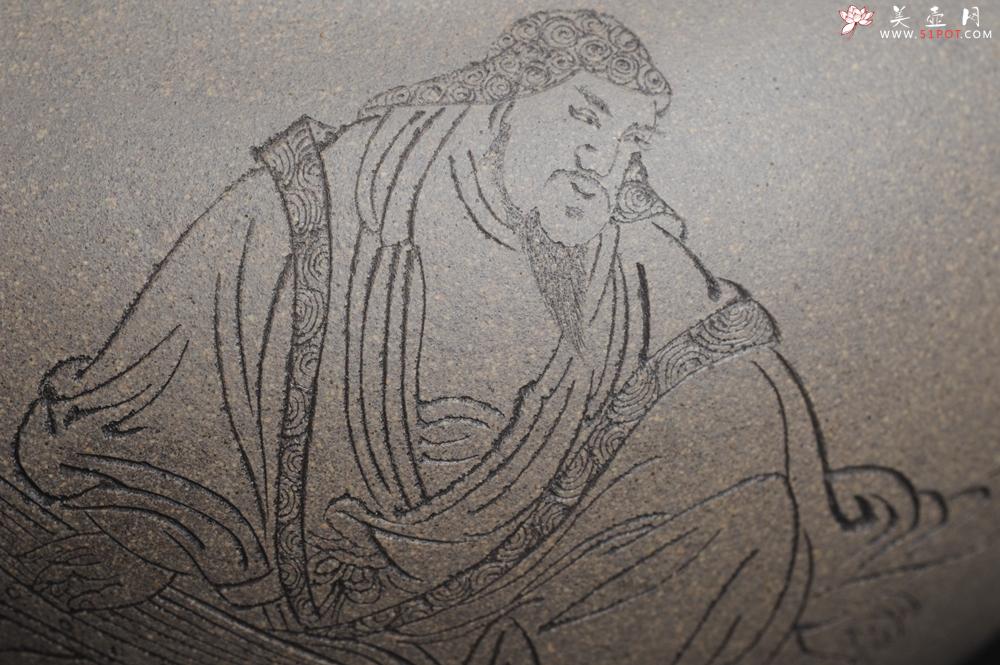 紫砂壶图片：精品特惠 老青段精品瑞兽双耳罐 茶仓 茶叶罐 水洗 烟灰缸 多用 子陶刻抚琴图 琴韵书声 - 美壶网