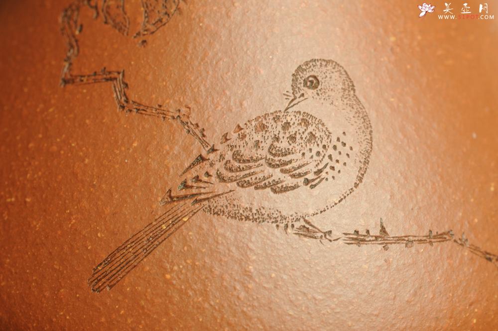 紫砂壶图片：美壶特惠 超精致特好降坡泥小品子冶石瓢 装饰枯枝鸟 特文气 - 美壶网