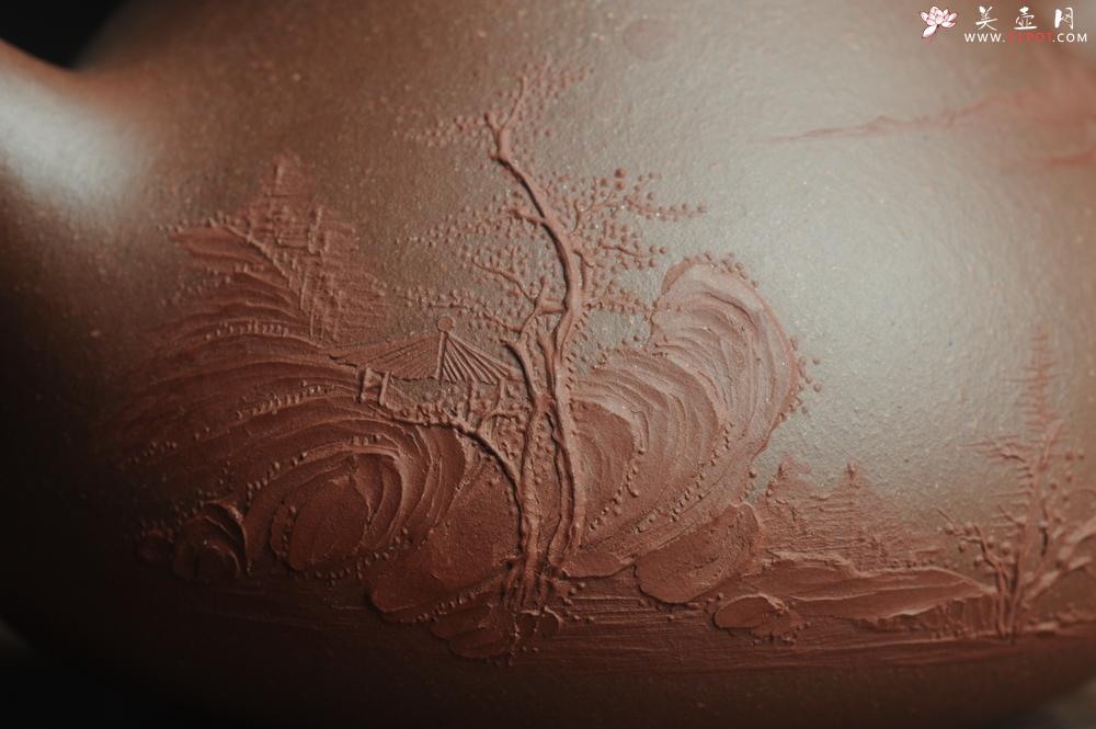 紫砂壶图片:美壶特惠 工料俱佳满瓢(景舟石瓢)泥绘山水 野旷天低树江清月近人 单色泥绘更显功力 - 美壶网