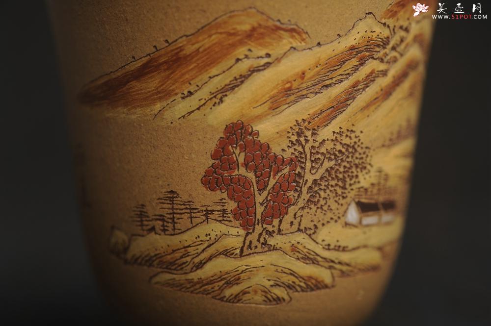 紫砂壶图片：美杯国庆特惠 精品好泥好工好刻雅致泥绘山水主人杯 茶人醉爱 - 美壶网