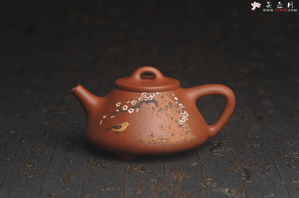 紫砂壶图片：美壶特惠 超精致特好降坡泥小品子冶石瓢 泥绘梅花鸟 特文气 - 美壶网