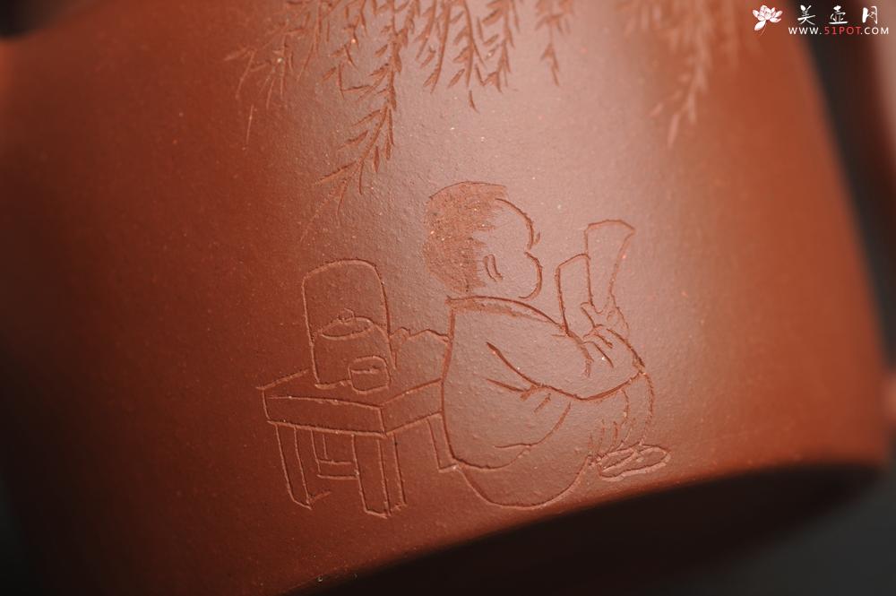 紫砂壶图片：美壶特惠  精致老清水泥高德中茶壶 装饰柳树下童子读书图 特文气 - 美壶网