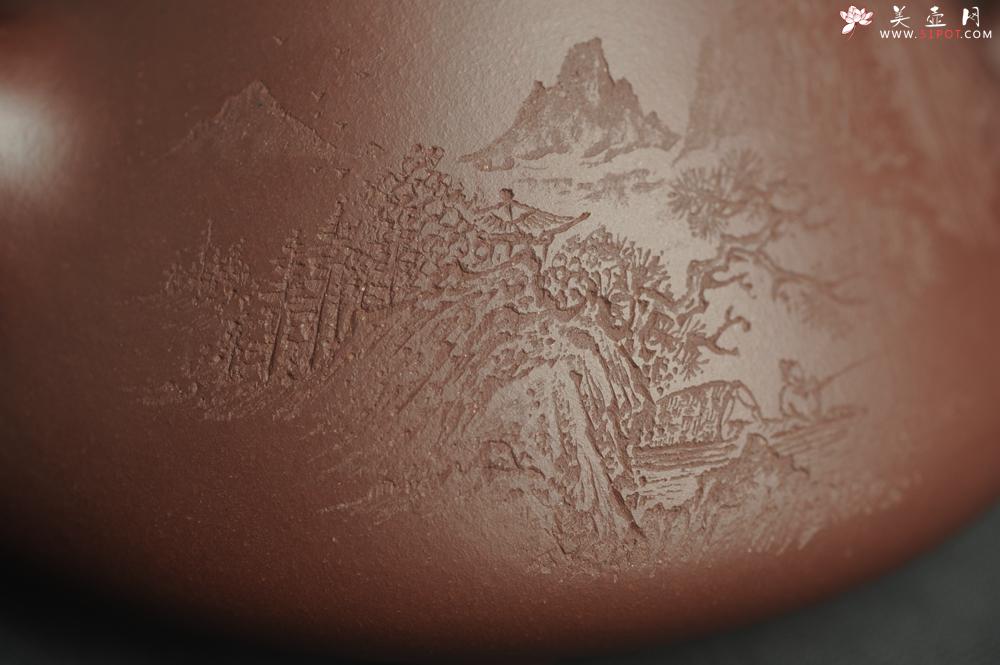 紫砂壶图片：油润底曹青 全手工特好子冶石瓢 强强联合工艺师刘彦飞装饰山水图 特文气 - 美壶网