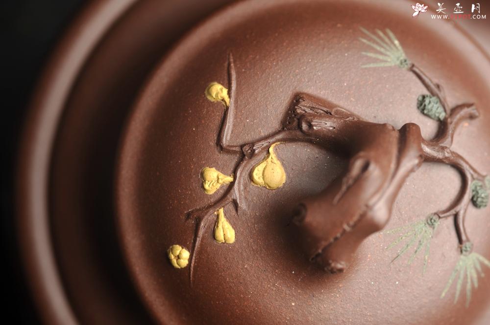 紫砂壶图片：美壶特惠 超精致紫泥松竹梅 竹鼓壶 - 美壶网