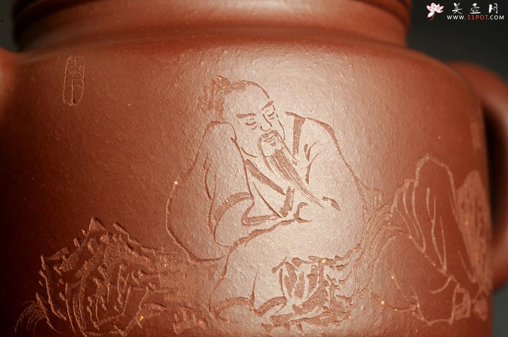 紫砂壶图片：油润黄龙山4号深井红皮龙 全手工德中壶 做工特好 装饰庄周梦蝶图 特文气 - 美壶网