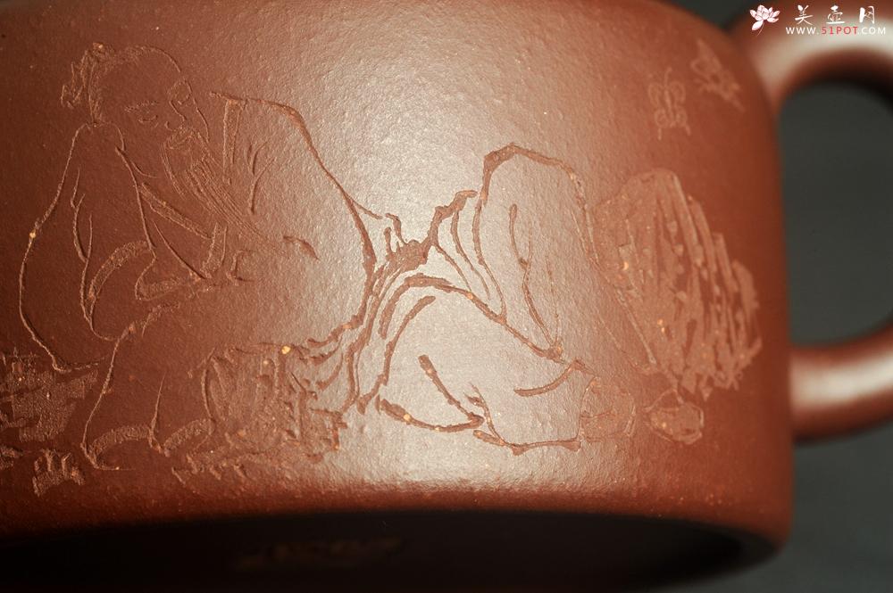 紫砂壶图片：油润黄龙山4号深井红皮龙 全手工德中壶 做工特好 装饰庄周梦蝶图 特文气 - 美壶网