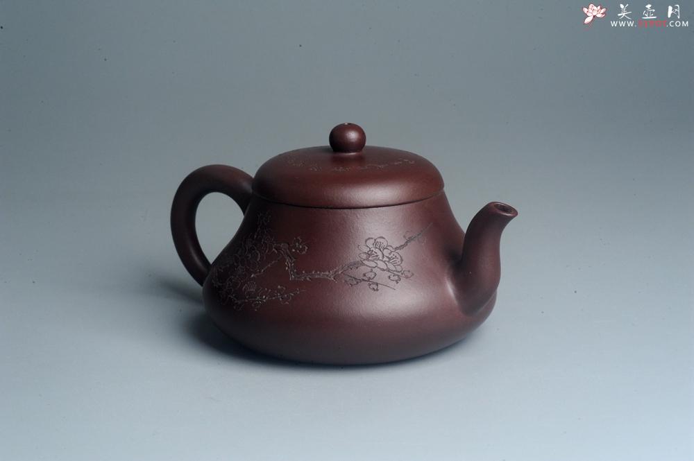 紫砂壶图片：油润底曹青 全手工君德茶壶 通转装饰梅花 特文气 - 美壶网