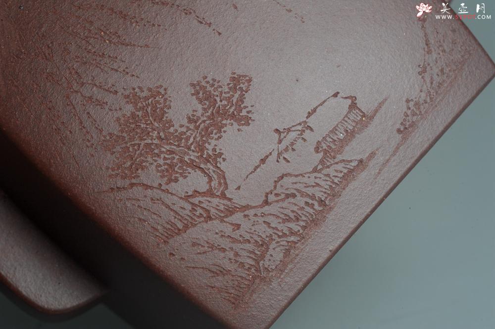 紫砂壶图片：全手工精致汉方壶 装饰山水 特文气 - 美壶网