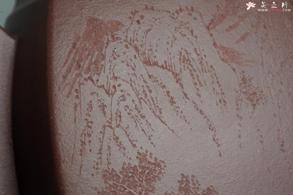 紫砂壶图片：全手工精致汉方壶 装饰山水 特文气 - 美壶网