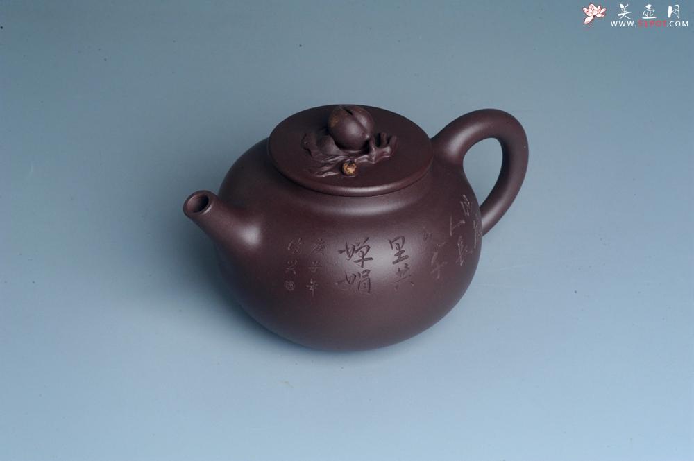 紫砂壶图片：实力派助工周斌 优质底槽清全手工精工 原创寿桃壶  陶兴双刀装饰 特文气 但愿人长久千里共婵娟 - 美壶网