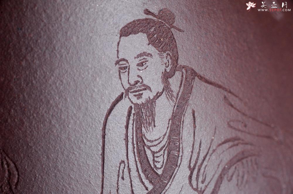 紫砂壶图片：实力派工艺师周斌 优质底槽青全手工精工 子冶石瓢壶 张听钢装饰人物 平生衣食随缘好 过得清闲便是仙 - 美壶网