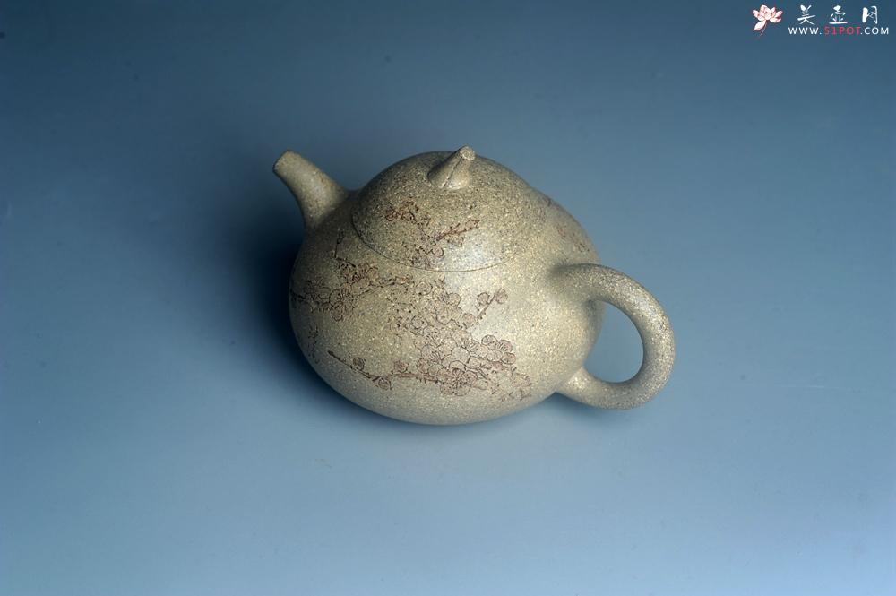 紫砂壶图片：实力派工艺师周斌 极品芝麻段泥 全手工茄瓜壶 装饰墨梅特文气 - 美壶网