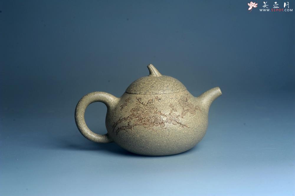 紫砂壶图片：实力派工艺师周斌 极品芝麻段泥 全手工茄瓜壶 装饰墨梅特文气 - 美壶网