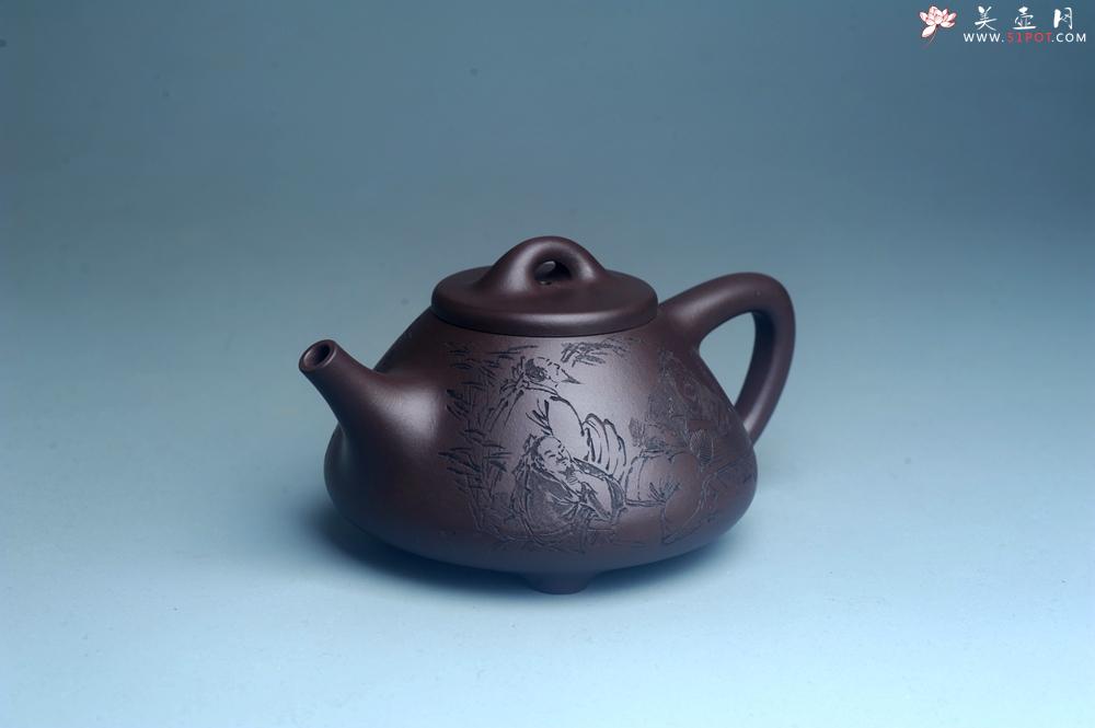 紫砂壶图片：实力派工艺师周斌优质底槽清全手工精工子冶石瓢 装饰竹林七贤 特文气 - 美壶网