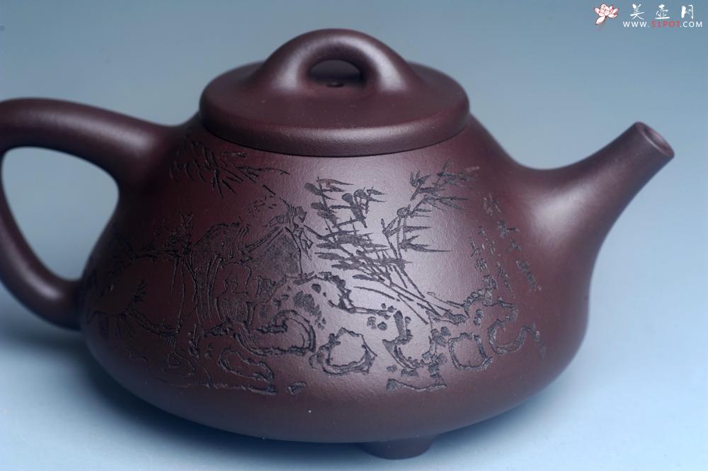 紫砂壶图片：实力派工艺师周斌优质底槽清全手工精工子冶石瓢 装饰竹林七贤 特文气 - 美壶网