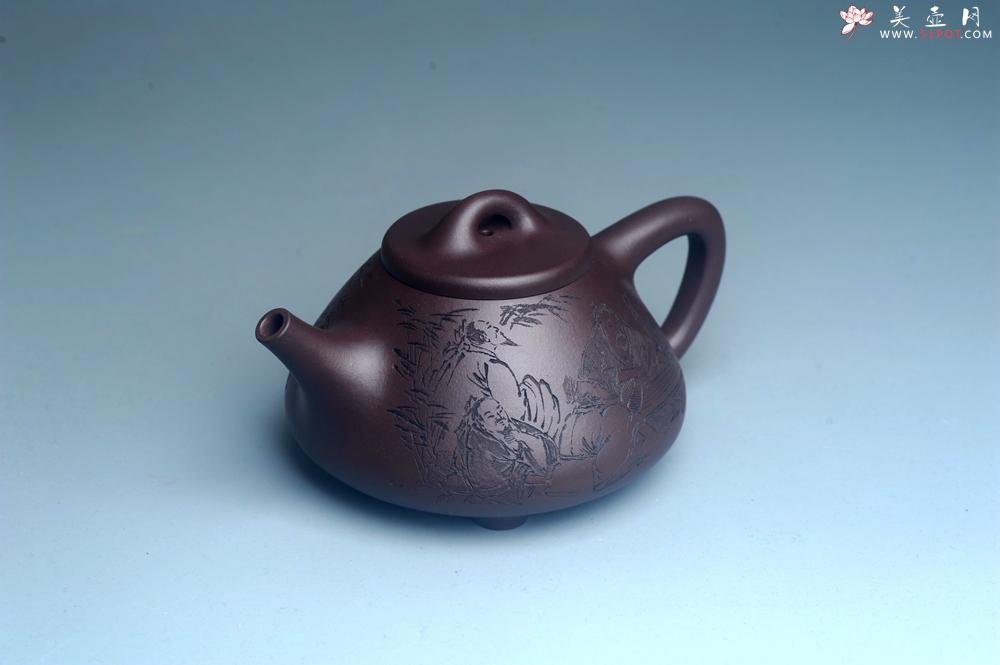 紫砂壶图片：实力派工艺师周斌优质底槽清全手工精工子冶石瓢 装饰竹林七贤 特文气 - 美壶网