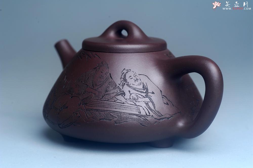 紫砂壶图片：实力派工艺师周斌优质底槽清全手工精工子冶石瓢 装饰竹林七贤 特文气 - 美壶网