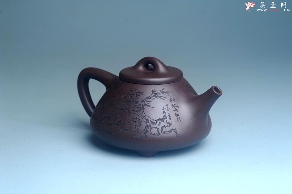 紫砂壶图片：实力派工艺师周斌优质底槽清全手工精工子冶石瓢 装饰竹林七贤 特文气 - 美壶网