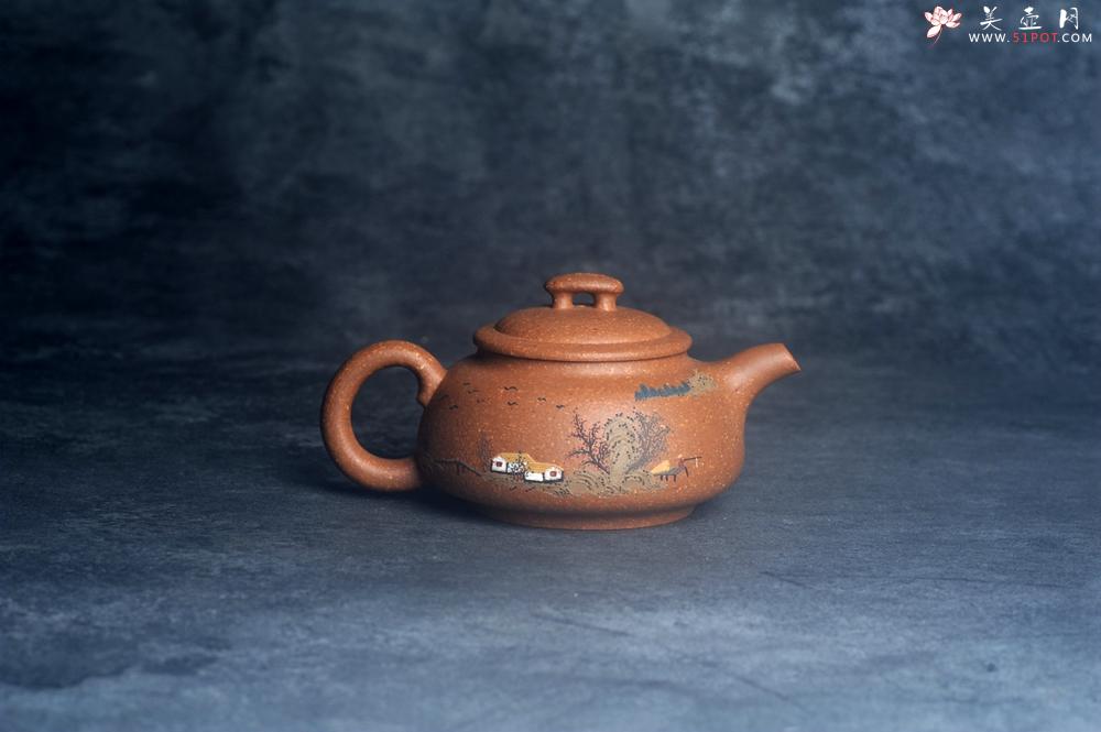 紫砂壶图片：美壶特惠 优质粗砂降坡泥桥钮合欢紫砂壶 泥绘山水 特文气 - 美壶网