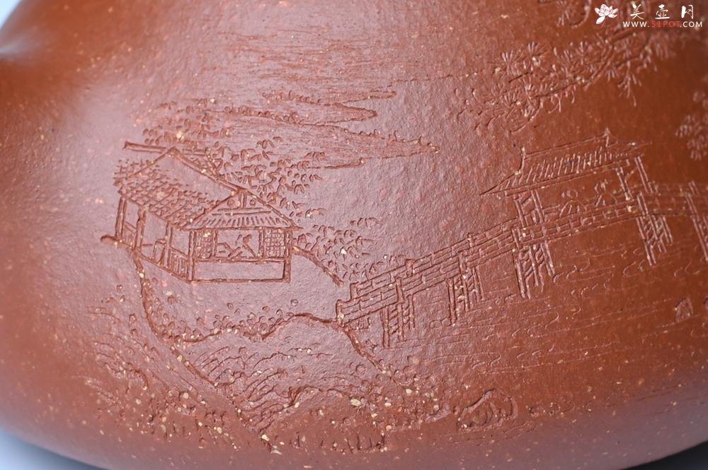 紫砂壶图片：实力派国工周斌（周镔）特好红降坡泥全手工子冶石瓢 张听钢装饰山水 - 美壶网