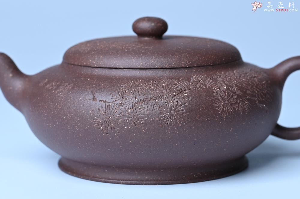 紫砂壶图片：美壶特惠 特好紫泥扁玉壶 装饰不老松 文气十足 - 美壶网